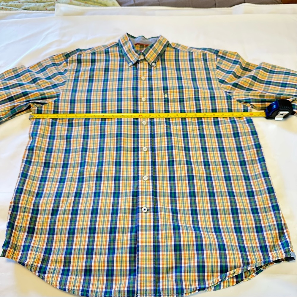 IZOD Men’s Large Long Sleeve Green, Yellow, Blue, Orange Plaid Shirt 100% Cotton - Picture 4 of 11